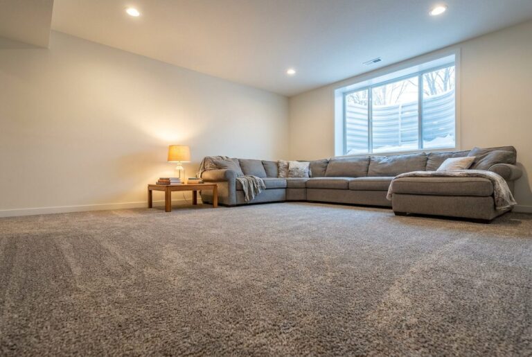 Textured carpet in a finished basement family room with a sectional sofa