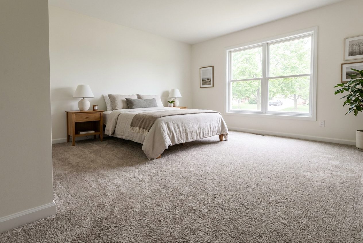 Textured beige carpet in a bright bedroom