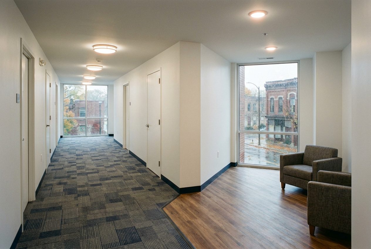 Apartment building corridor with gray and navy carpet tile and a wood-look LVT seating area by the window