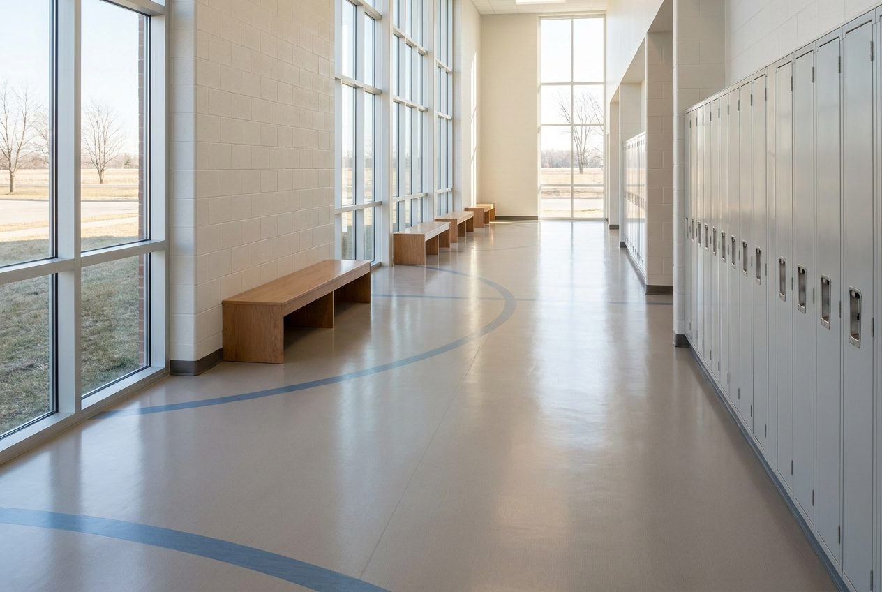 Bright school corridor with light gray resilient flooring, blue accent bands, lockers and wood benches