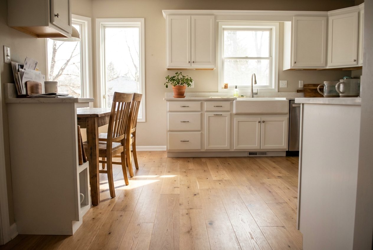 White oak hardwood flooring in a Madison, WI kitchen