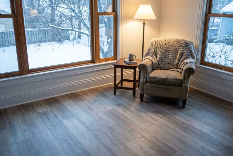 Gray oak-look laminate floor in a family room with snow outside