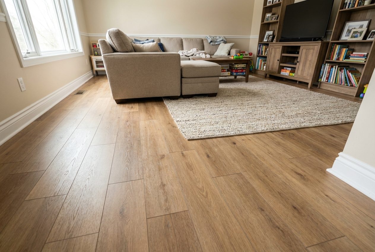 Oak-look laminate flooring in a family room with a sectional and built-in shelves