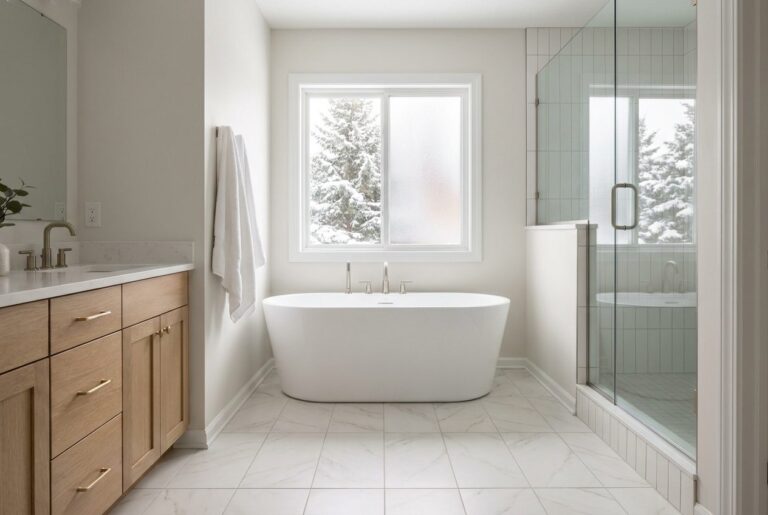 Marble-look porcelain tile floor in a bathroom with a freestanding tub and snow outside