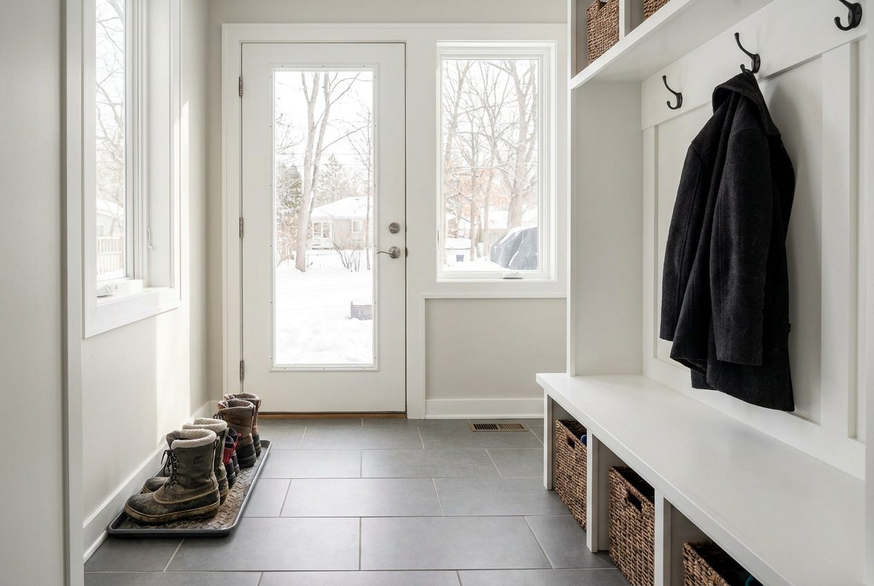 Gray porcelain tile floor in a mudroom with a bench, coat hooks and snow outside