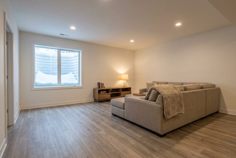 Rigid core vinyl plank floor in a finished basement family room