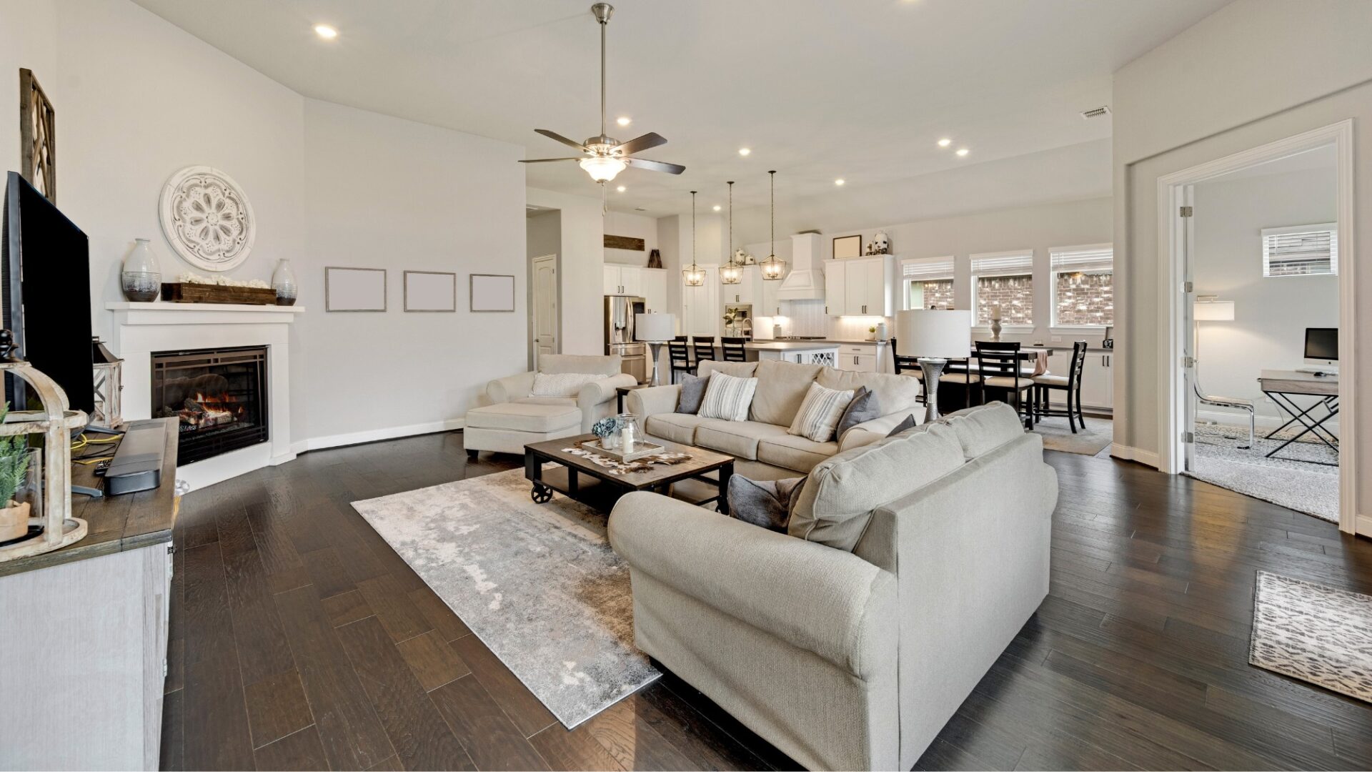 Laminate flooring in open concept kitchen living space