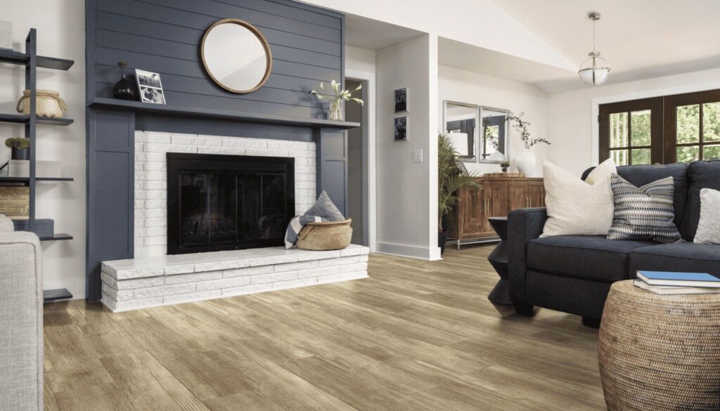 Vinyl flooring in large living room with fireplace
