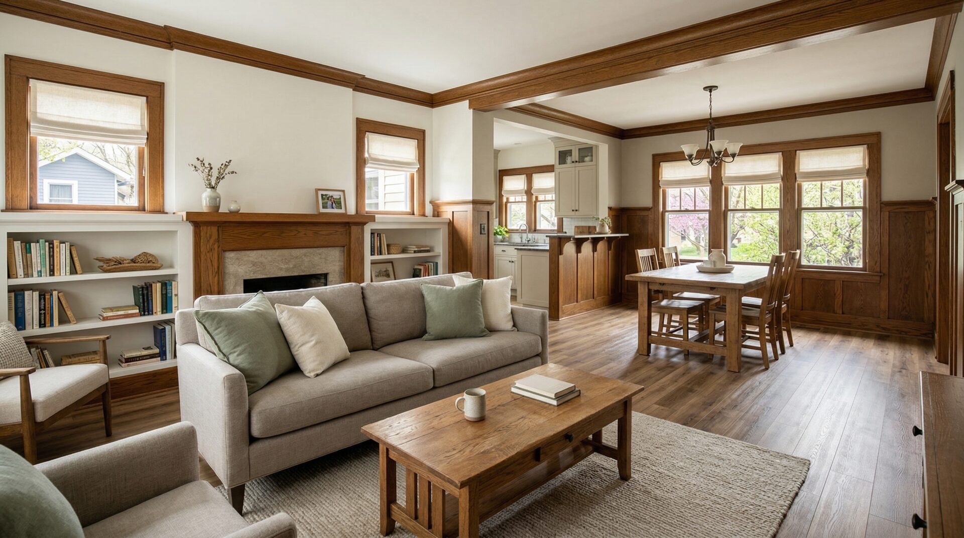 Wide-angle view of a newer Madison Wisconsin living room with wide-plank oak-look LVP flooring in spring light
