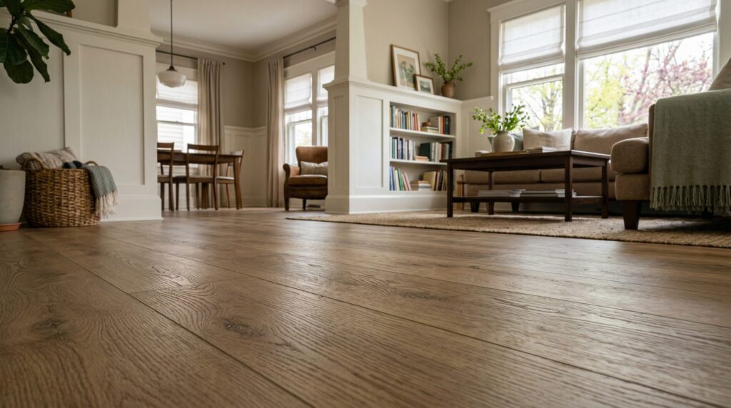 Close-up detail of wide-plank luxury vinyl plank flooring texture with linen sectional sofa visible in background, Madison Wisconsin home