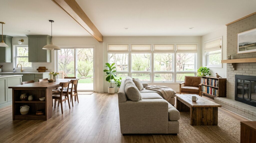 Corner angle of open-plan living room featuring wide-plank LVP flooring and linen sectional sofa, newer Madison suburban home