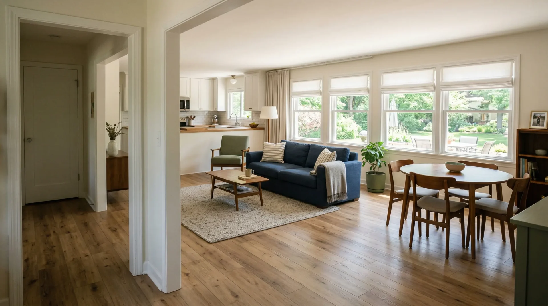 Wisconsin ranch home living room with warm oak luxury vinyl plank flooring, doorway perspective, summer morning light