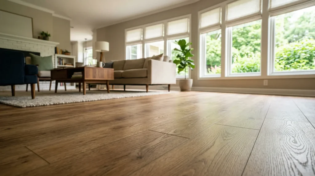 Close-up of warm oak luxury vinyl plank floor texture and grain detail, summer daylight, residential interior