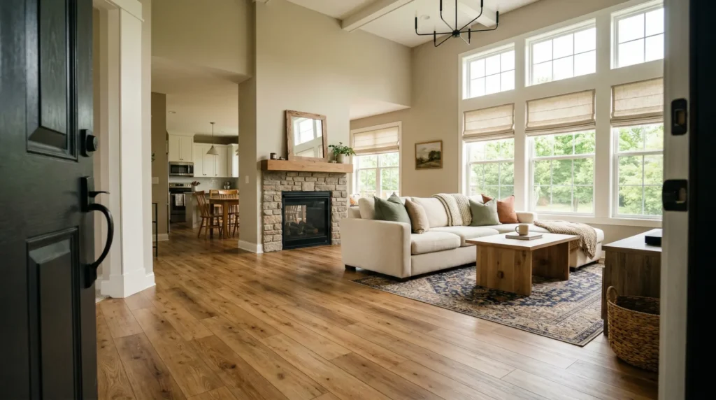 Newer Madison suburban home living room with warm oak luxury vinyl plank flooring, doorway threshold view, summer light, fireplace and high ceilings