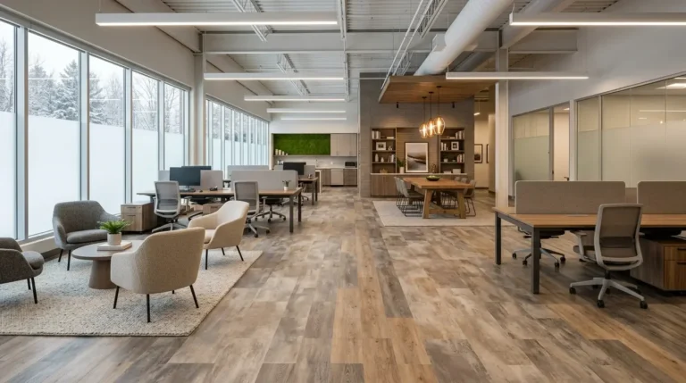 Modern Madison Wisconsin commercial office space with luxury vinyl tile flooring and professional interior design