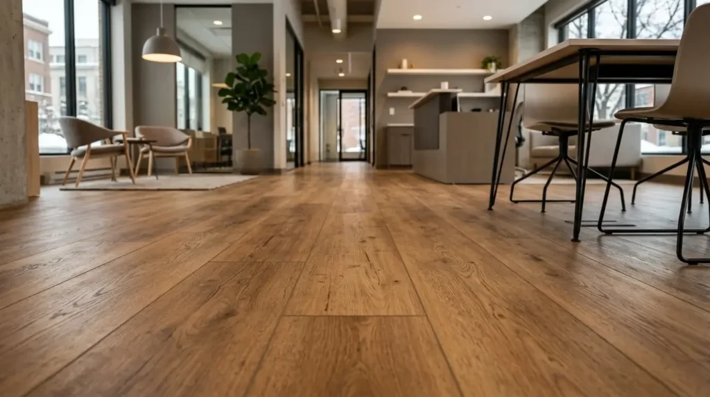 Close-up of commercial-grade LVT flooring texture with matte finish in a professional office setting