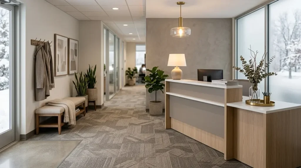 Contemporary Madison Wisconsin office or retail interior with quality commercial flooring and natural light