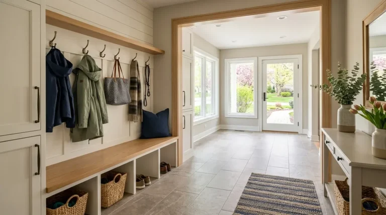 A spacious, modern mudroom with built-in white cabinetry, a wooden bench with cubbies for baskets, and large windows overlooking a green yard.