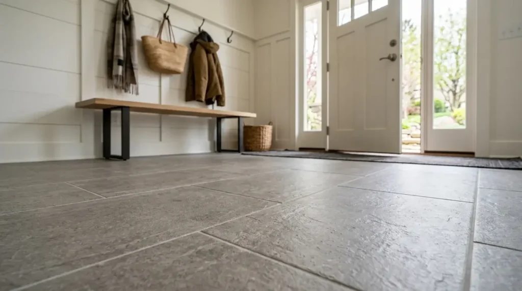 A low-angle shot of a home entryway showing textured grey floor tiles leading to a white front door, with a wooden bench and shiplap walls in the background.