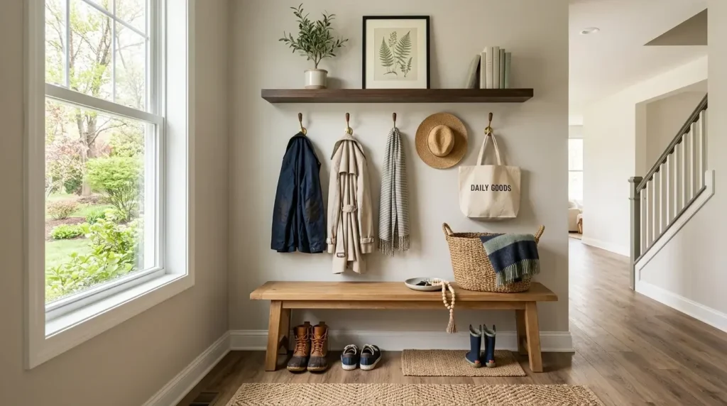 bright mudroom featuring a wooden bench, wall hooks with coats and a tote bag, and a dark floating shelf decorated with plants and books.