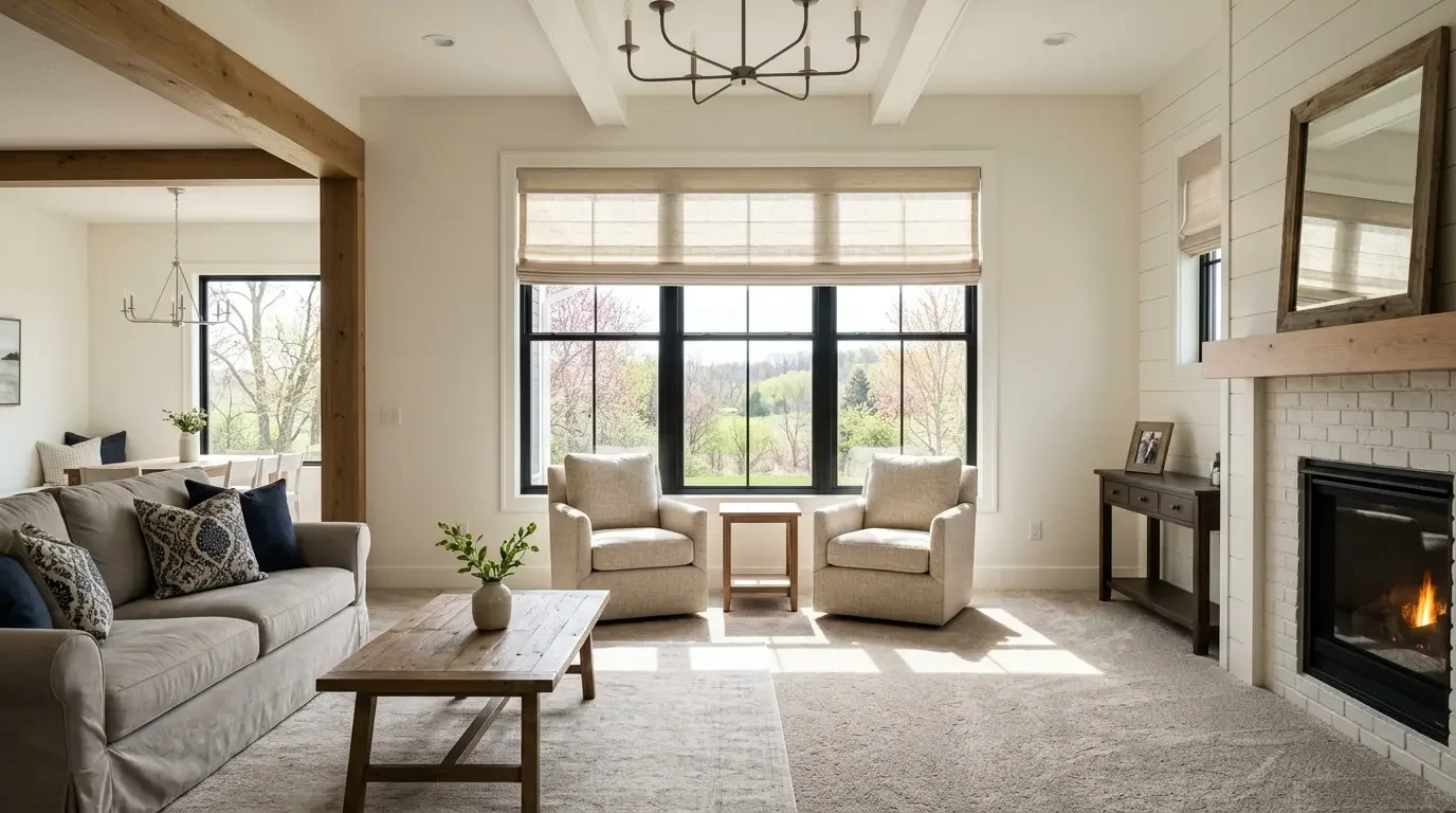 Professional carpet installation in progress in a Madison Wisconsin home living room