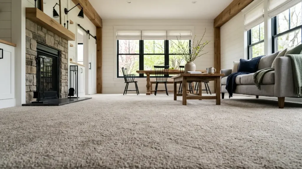 Close-up of freshly installed neutral carpet pile texture in a residential space