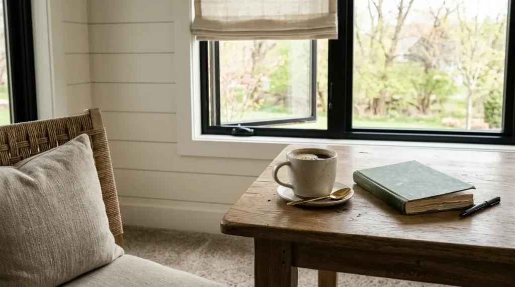 Bright Wisconsin living room with new carpet installation complete, warm and inviting