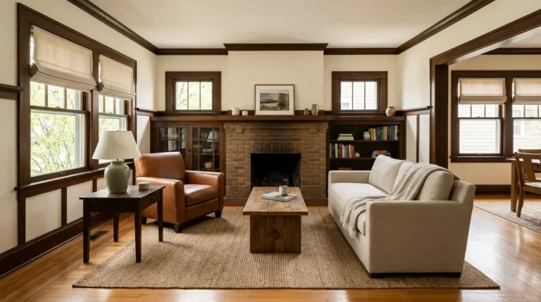 Bright Wisconsin living room in spring morning light featuring warm-toned luxury vinyl plank flooring in open-plan space