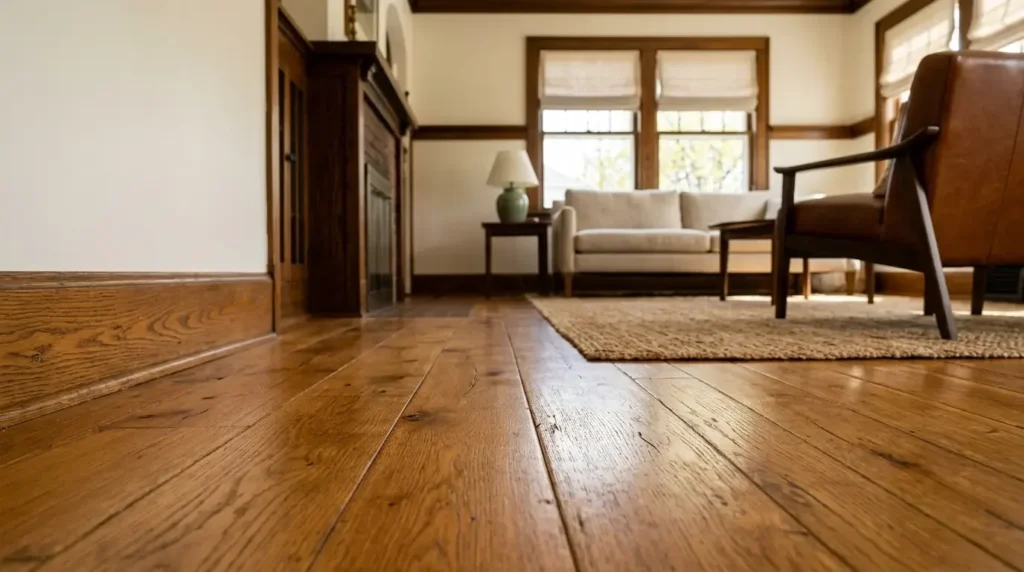 Close-up of luxury vinyl plank floor texture and grain detail, warm tones, residential interior