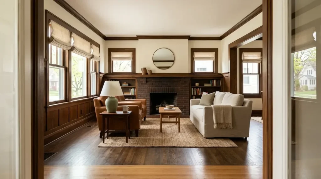 Cozy Madison-area living room corner with hardwood flooring and spring natural light, residential interior