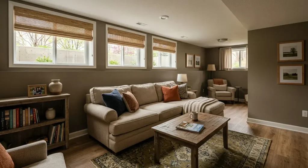 Clean finished basement with luxury vinyl plank flooring in a Madison area home