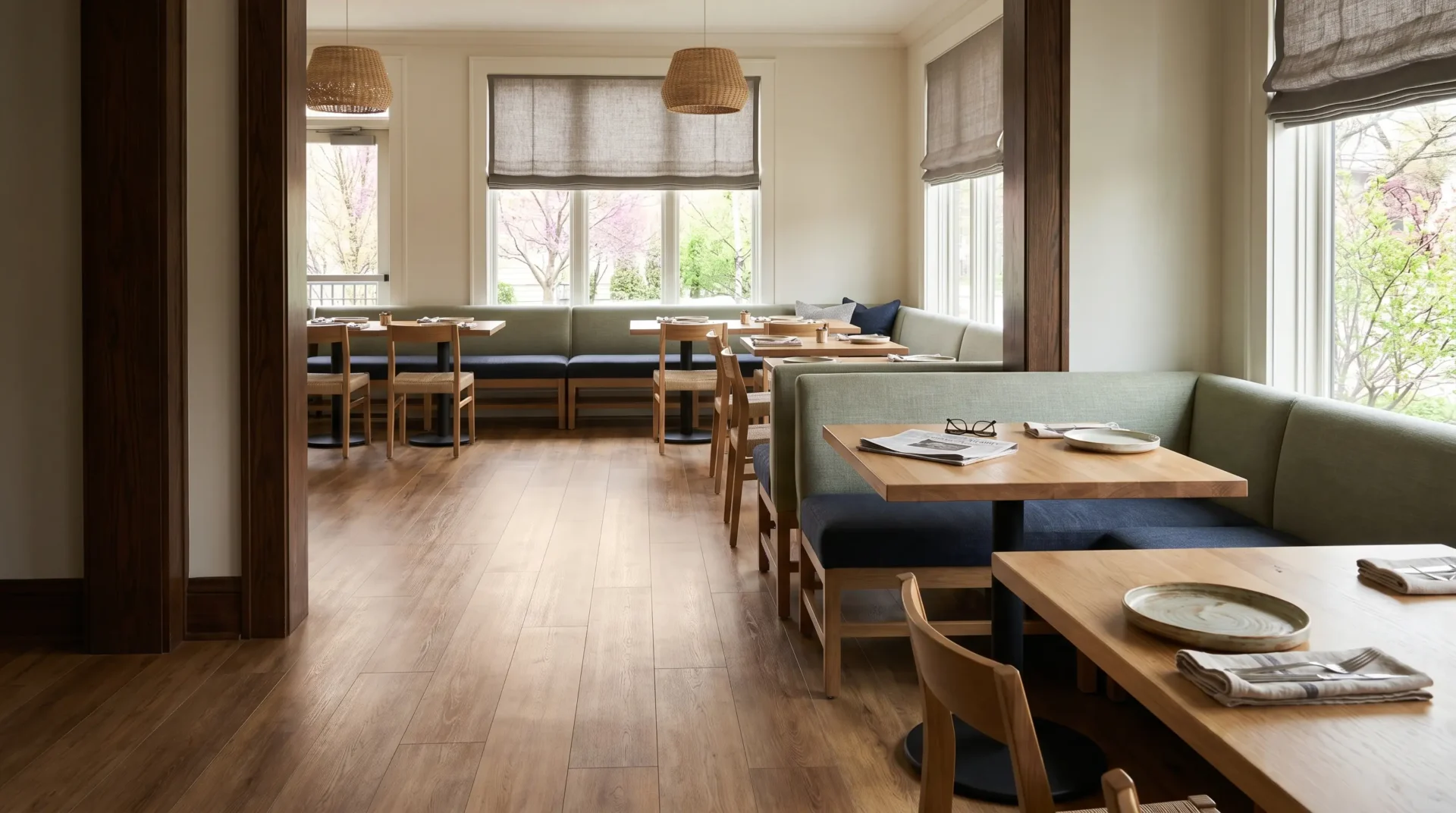 A bright, modern restaurant interior featuring light oak-style flooring, wooden tables, and olive-green banquette seating under large windows with soft Roman shades.
