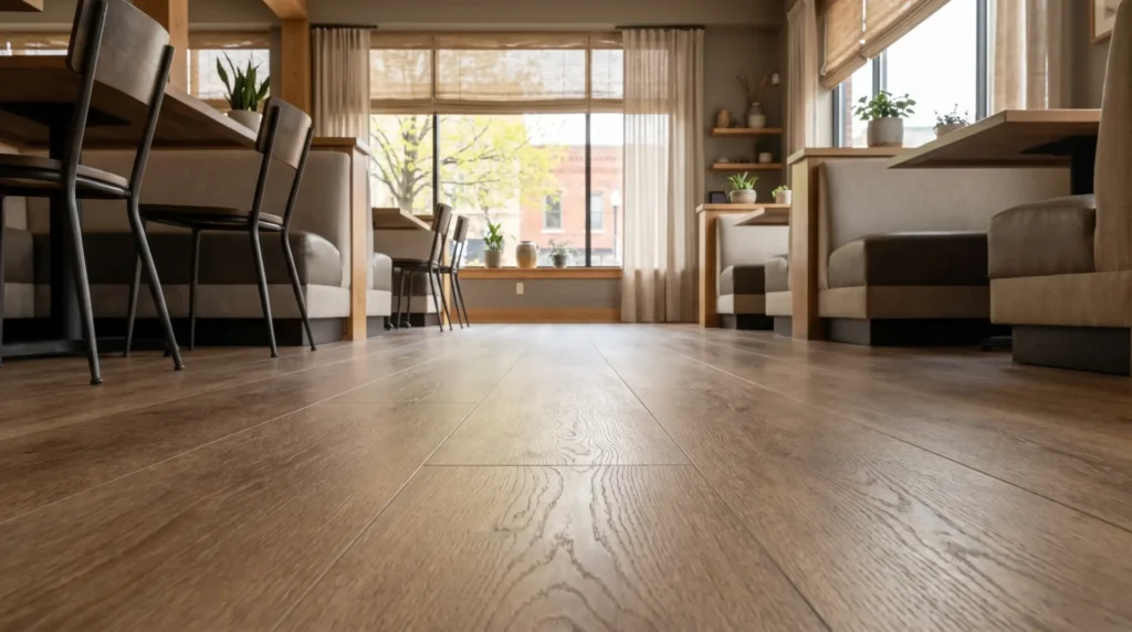 A low-angle floor perspective of a cafe, highlighting the detailed grain of wide-plank wood flooring leading toward sunlit windows and cozy booth seating.