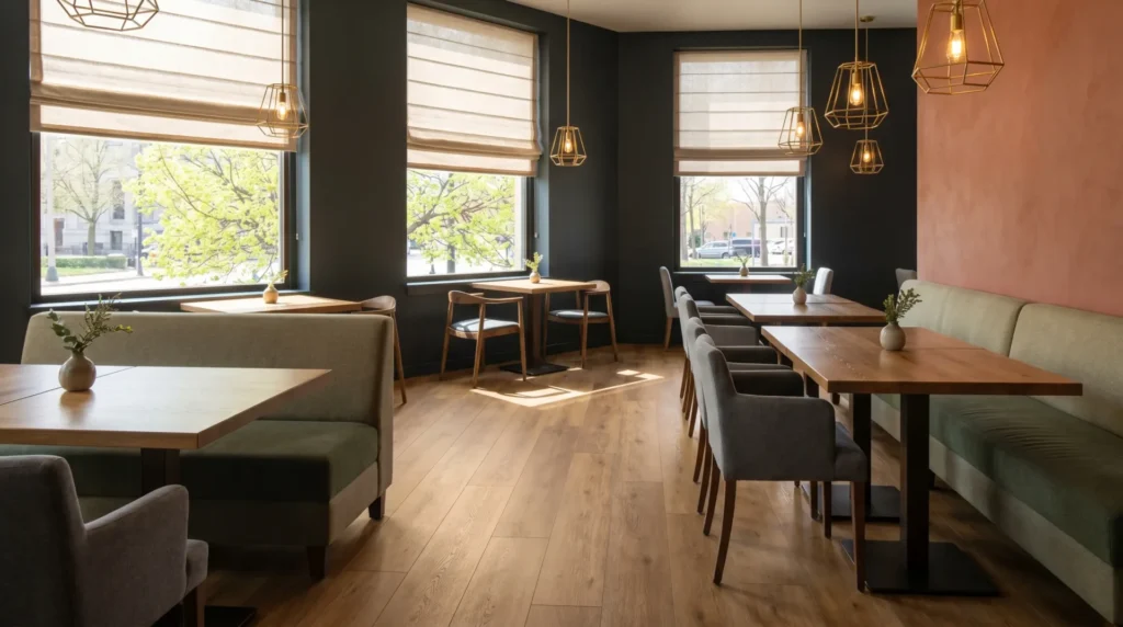A contemporary dining area with warm wood floors, dark moody walls, and geometric gold pendant lights hanging over wooden tables and upholstered chairs.