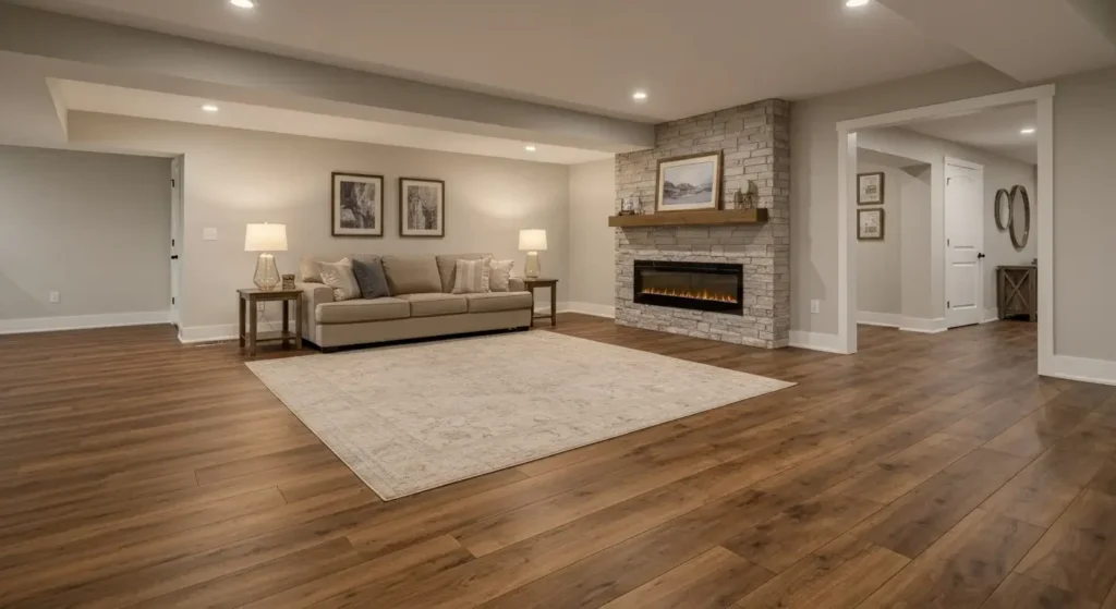 Finished basement family room with medium-toned luxury vinyl plank flooring in a Wisconsin home