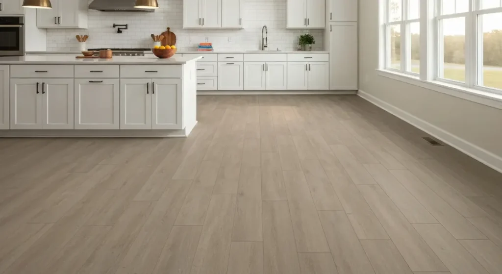 Modern Madison kitchen with stone-look luxury vinyl plank flooring and a white quartz island