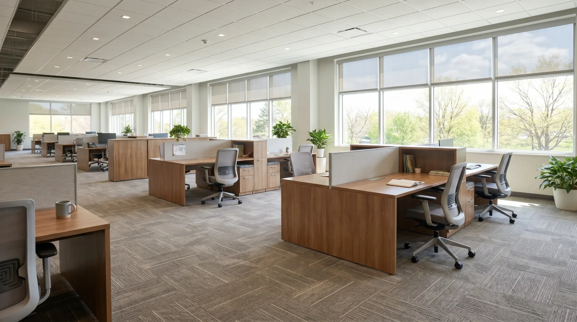 Modern Madison Wisconsin commercial office space with patterned carpet tile flooring and contemporary furnishings