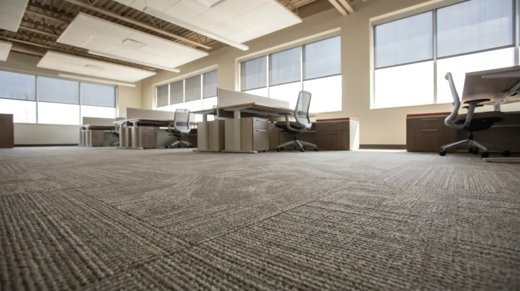 Close-up of commercial carpet tile texture and seam with subtle geometric pattern in a professional office setting