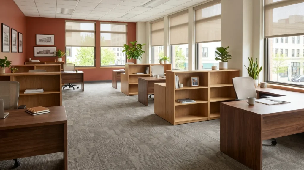 Open-plan Madison Wisconsin office with zoned carpet tile flooring defining collaboration and circulation areas