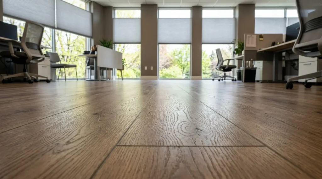 Close-up of commercial LVP flooring texture and grain in office environment