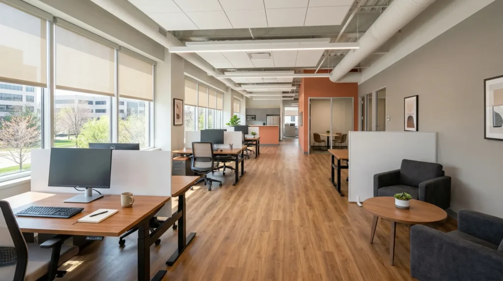 Modern commercial office space with new flooring showing phased installation result in Madison Wisconsin