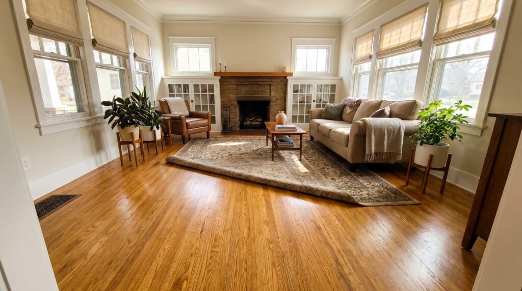 Older Madison home interior with original hardwood floors brought back to life. Good for the "Wisconsin Factor" section or as a share image.