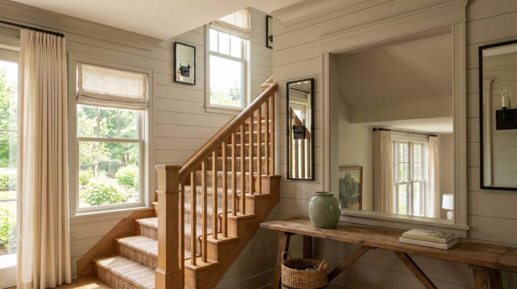 Wisconsin home staircase with carpeted treads, traditional craftsman trim and natural daylight