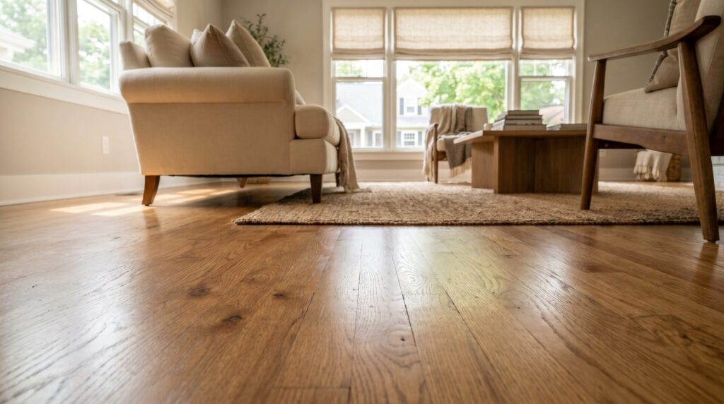 Detail shot of refinished hardwood showing grain, light reflection, and clean finish. Good for the "Signs Your Hardwood Floors Need Attention" or process sections.