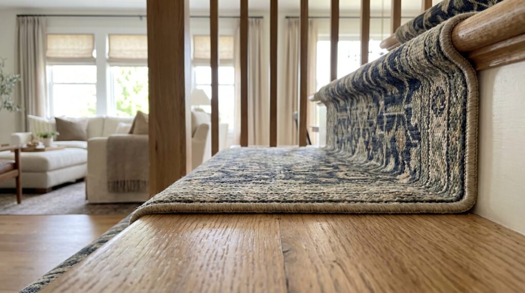 Close-up detail of stair tread with hardwood edges and woven runner, showing nosing and seam detail