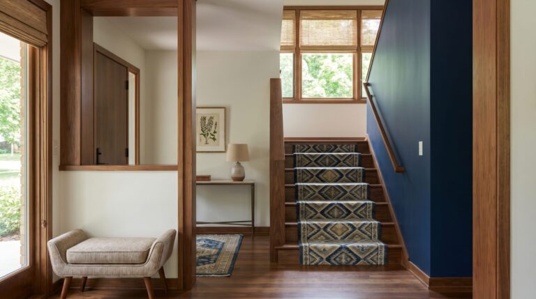 Madison Wisconsin home staircase with hardwood treads and patterned center runner, warm natural light