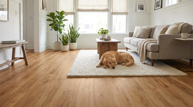Bright Madison living room with warm-toned premium LVP and a relaxed family dog on a rug.
