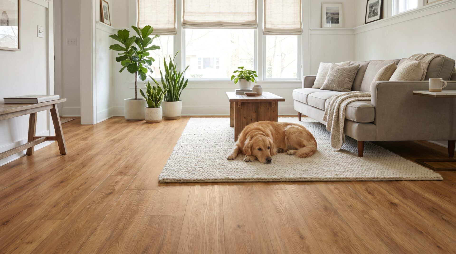 Bright Madison living room with warm-toned premium LVP and a relaxed family dog on a rug.