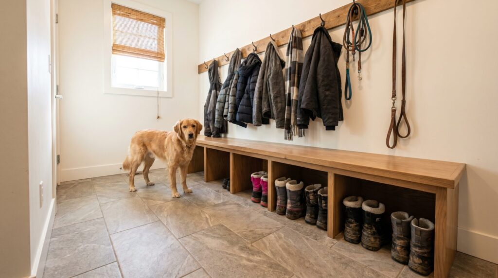 Mudroom or entryway with porcelain tile, dog gear, and winter boots scene.