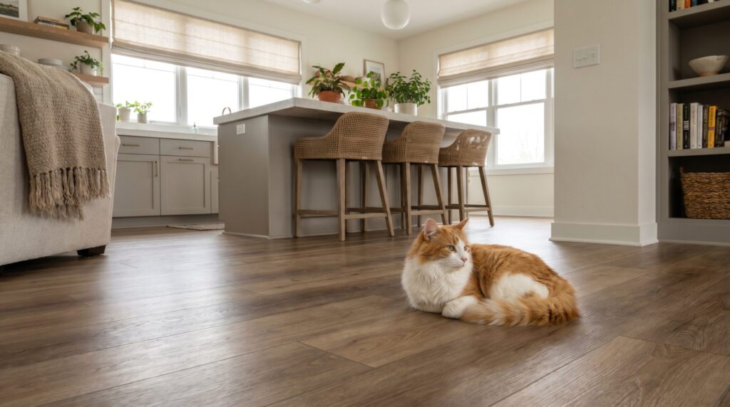 Kitchen or open-concept living area showing pet-friendly flooring at floor level with a cat in the frame.